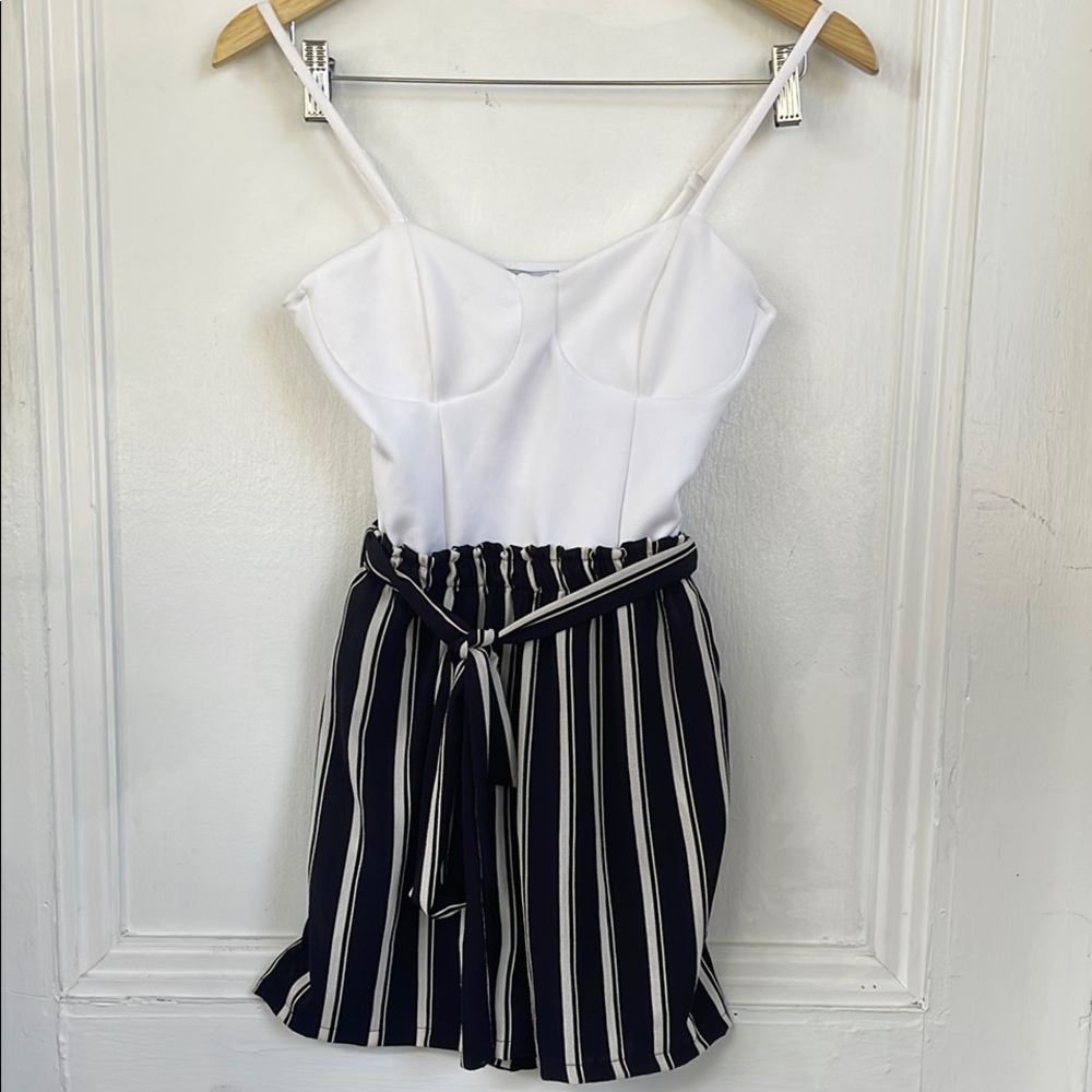 Striped Black and White Shorts Romper with Pockets
